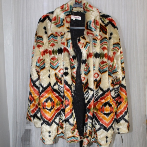 Free People Carmella Faux Fake Fur Coat Aztec Western Print.  Sz. L - Picture 1 of 10